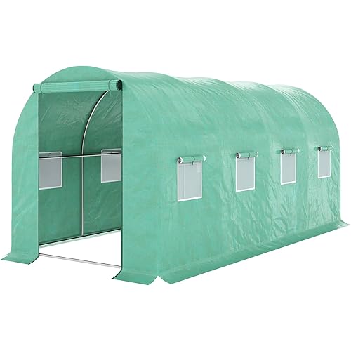 Outsunny 15' x 7' x 7' Walk-in Tunnel Hoop Greenhouse, Polyethylene PE Cover, Steel Frame, Roll-Up Zipper Door & Windows for Flowers, Vegetables, Tropical Plants, Green