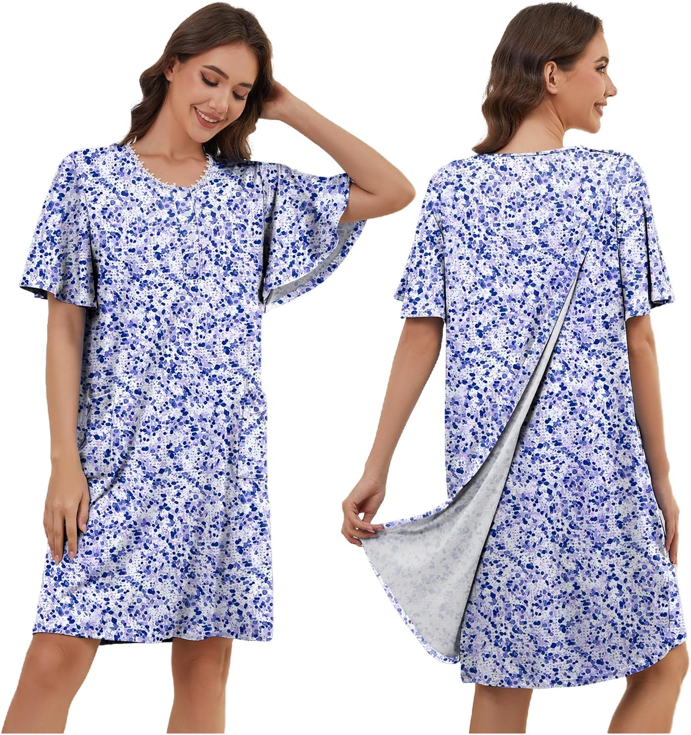Hospital Gowns for Women Open Back Ruffle Sleeve Dress Post Surgery Tear Away Adaptive Nightgowns with Pockets