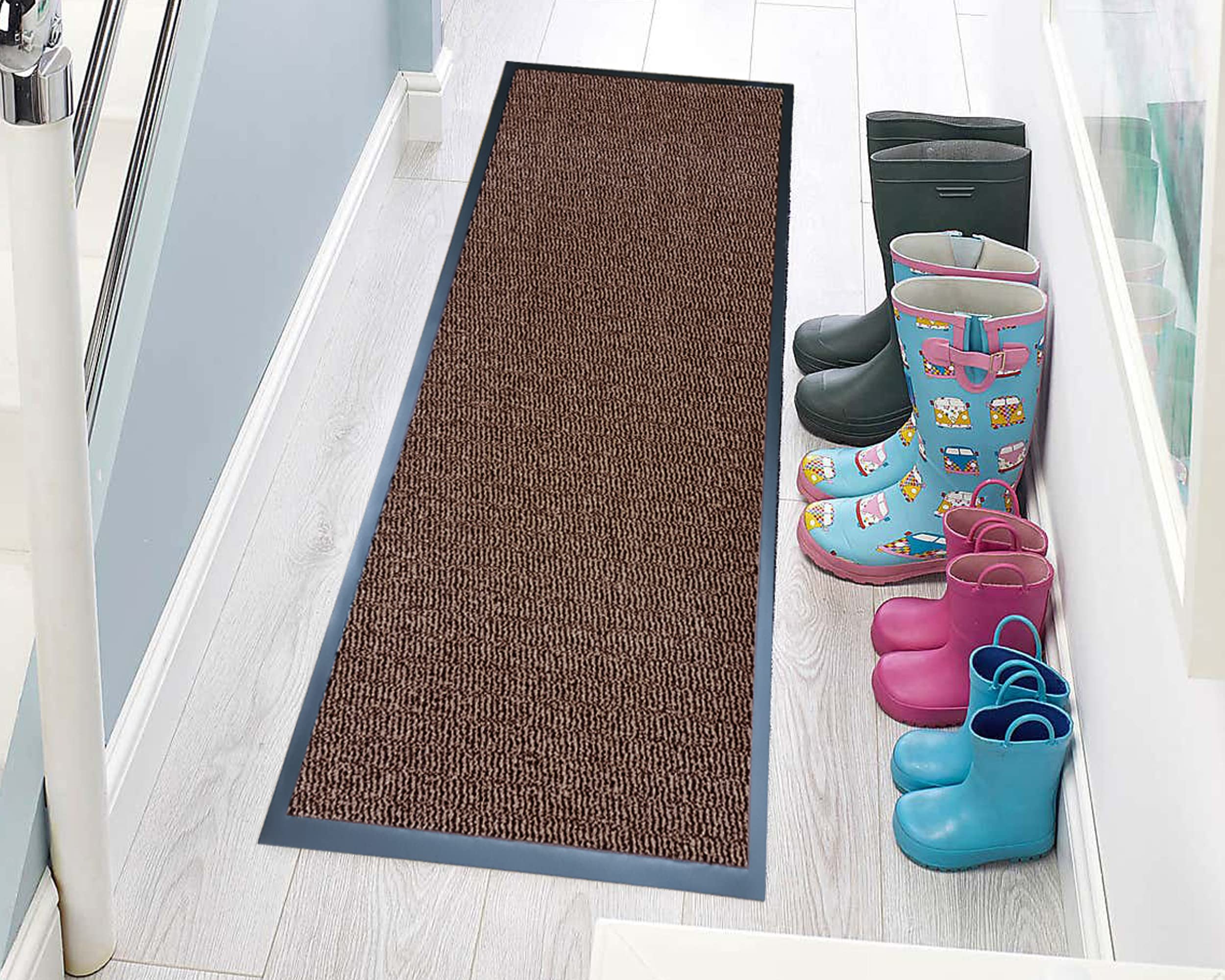 TrendMakers Hardwearing Heavy Duty PVC Edge Pile Top Rubber Barrier Mat Entrance Door Kitchen Floor Runners Mats Rugs | 90cm x 200cm | Brown | POLYPROPYLENE PILE