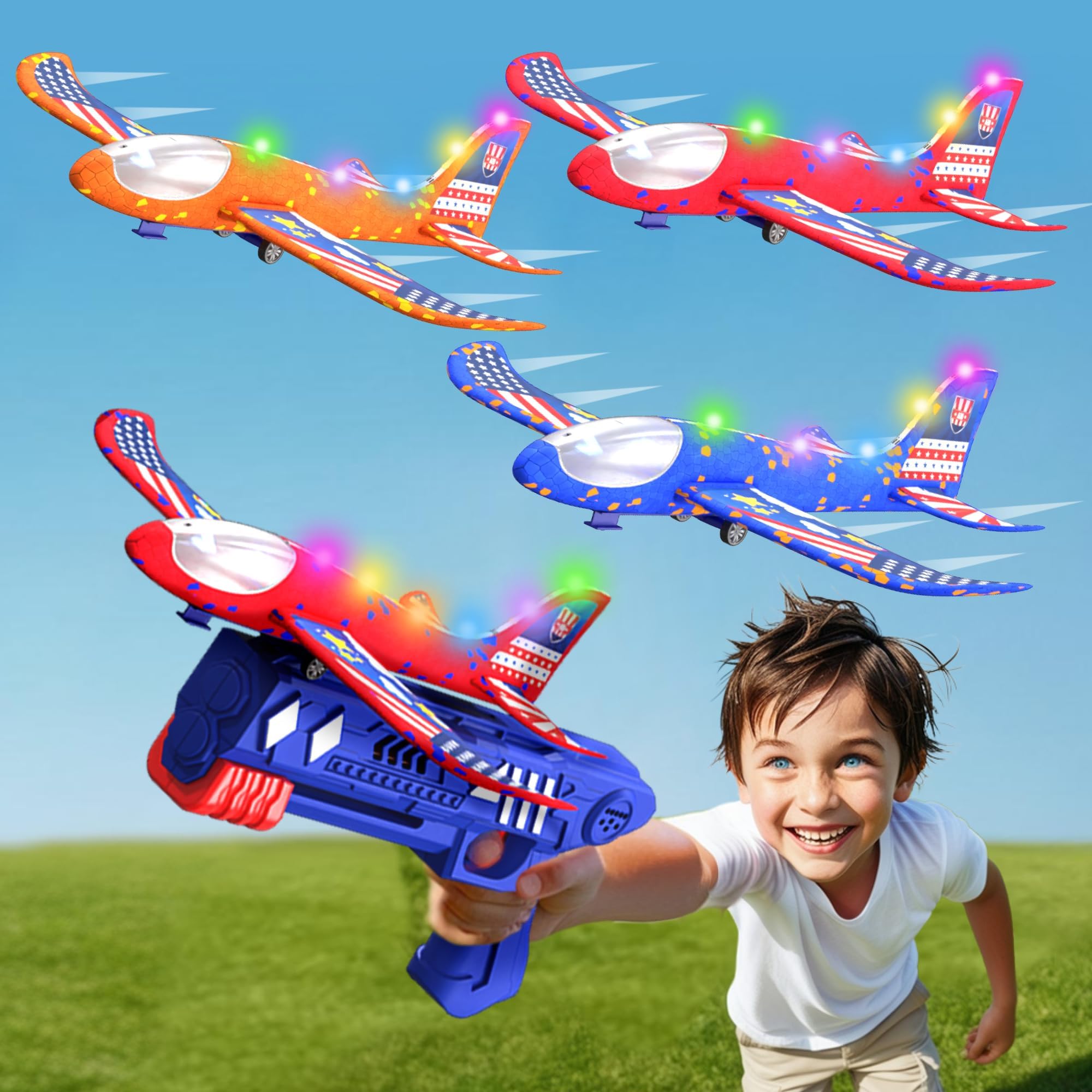 – 3 Pack Airplane Launcher Toys, LED Foam Glider Catapult Airplane Toy for Boys, Ages 3-10