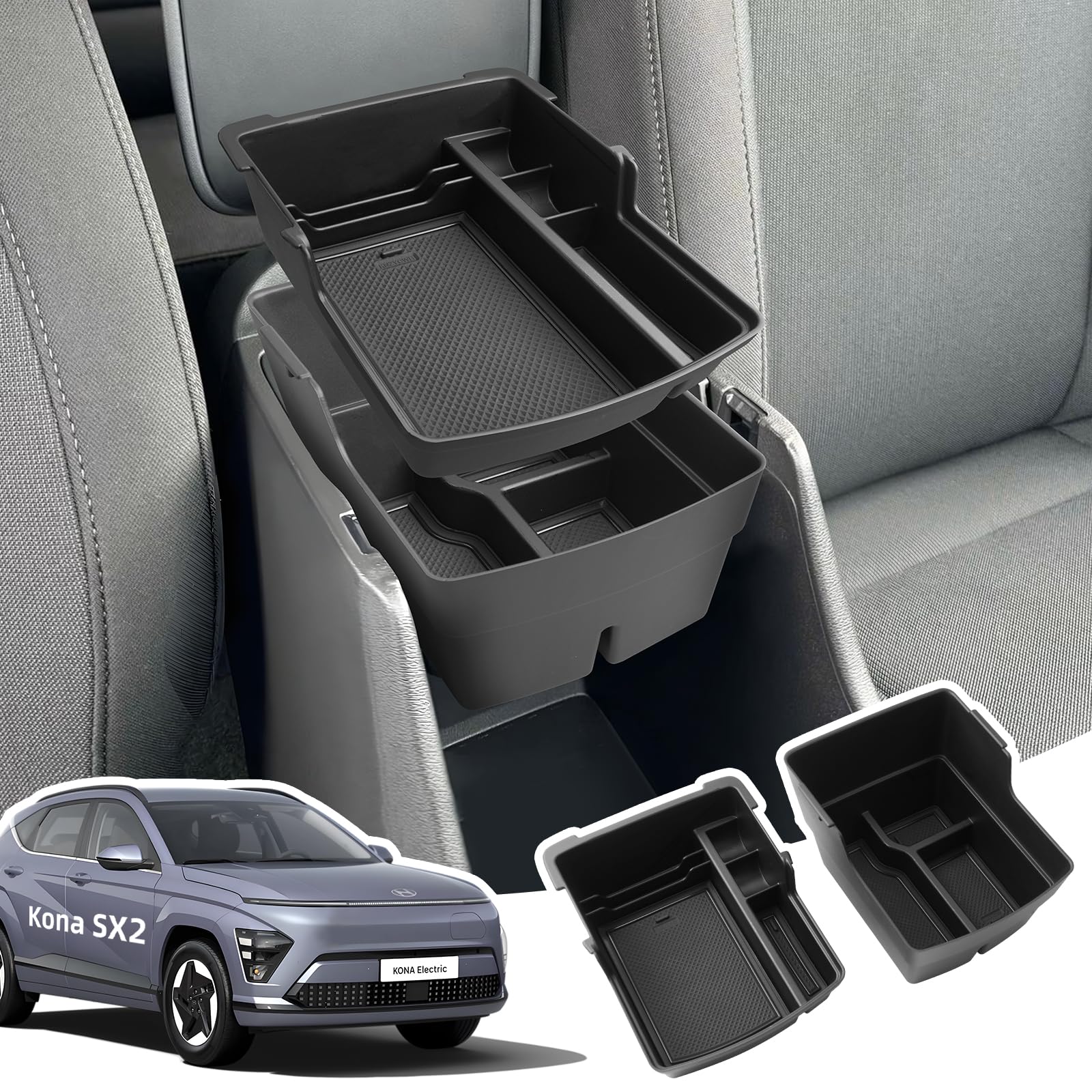(2 Pièces Boîtes Rangement Accoudoir pour Hyundai Kona 2024 2025 | Organiseur Console Centrale avec Tapis Antidérapants, Matériel ABS, Kona SX2 ICEV / EV / Hybrid Accessoires