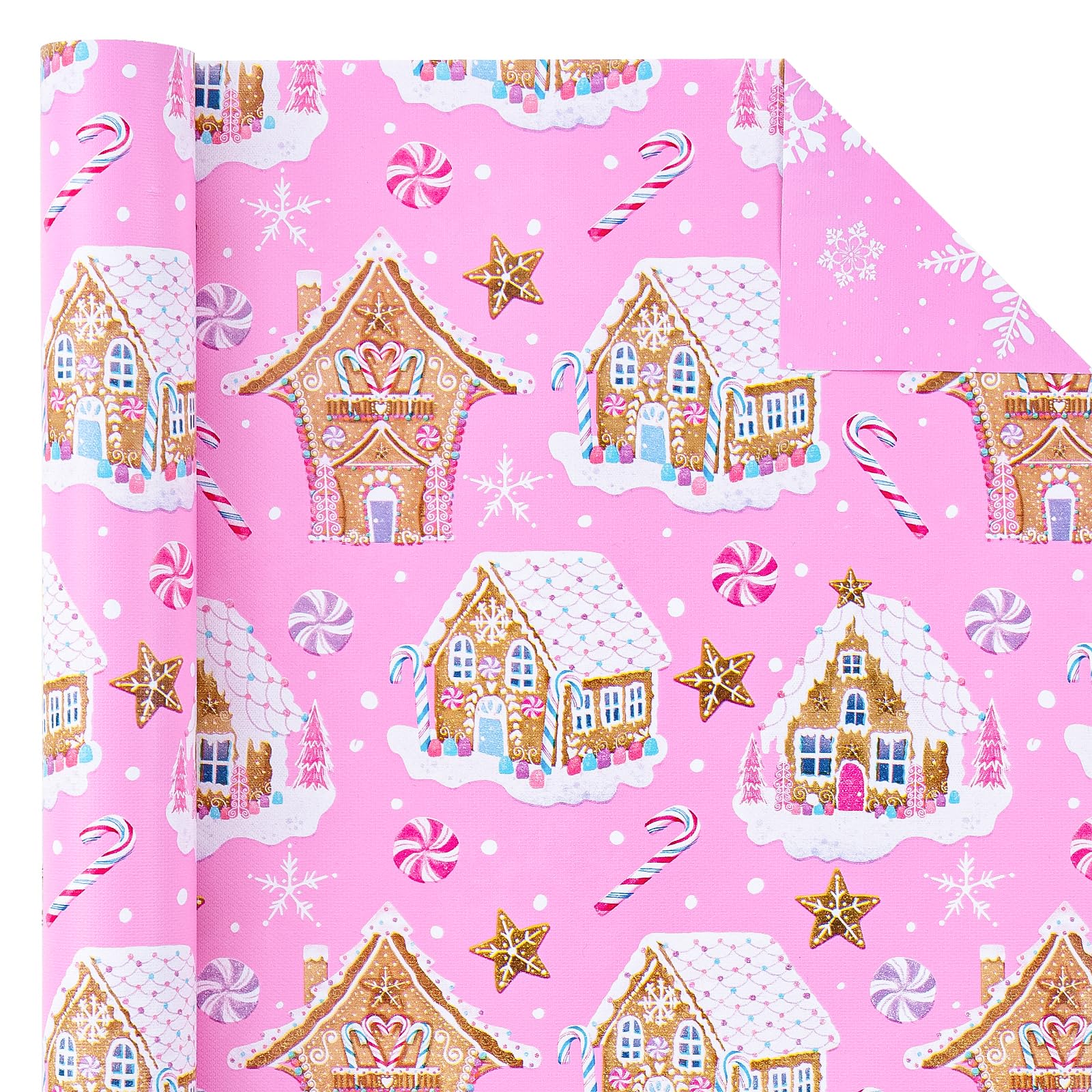 WRAPAHOLIC Dwustronny świąteczny papier do pakowania - mini rolka - 43 cm x 90 cm - różowy piernikowy domek płatek śniegu z wytłoczonym tłoczeniem na Boże Narodzenie, wakacje