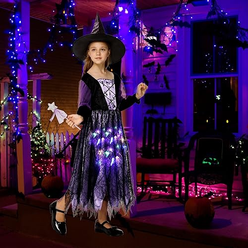 Miniatura 6 de Emorefun Conjunto de disfraz de bruja iluminado para niñas con sombrero y varita mágica, juego de lujo para fiesta de Halloween