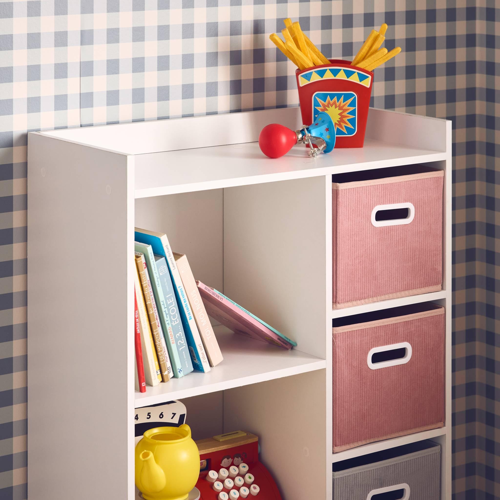 Contenitore per bambini con 4 cestini in velluto, Camille, Rosa, 129.5x62x96 cm
