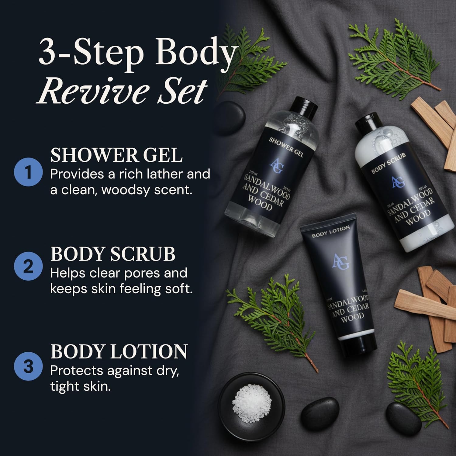Shower Kit Men, Bath and Body Gift Set For Him - Shower Gel, Body Scrub & Body Cream, Sandalwood & Cedar Scent, 3 pcs 720ml - Skin Care Kit Fathers Day Birthday Idea for Him - Image 3
