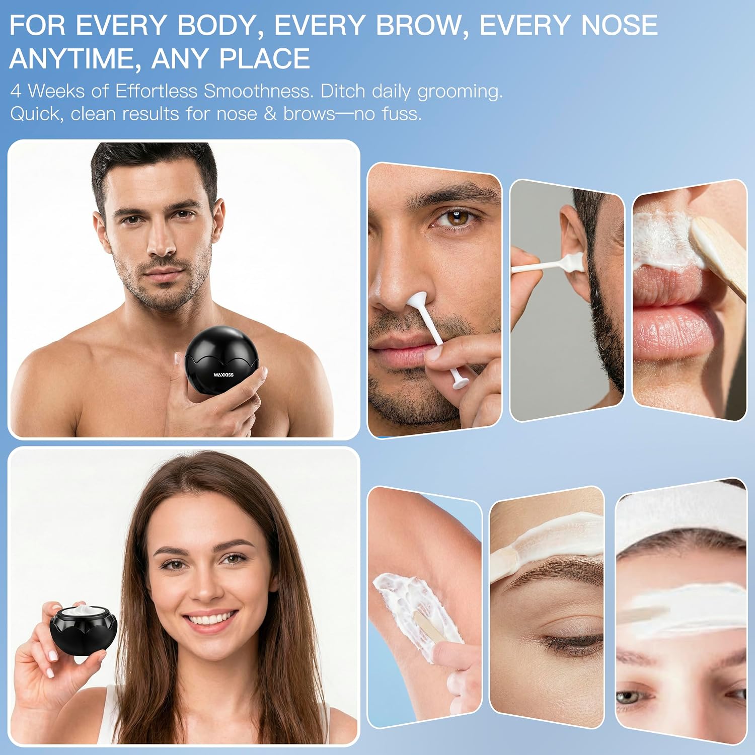 Nose Wax Kit for Men Women, Portable USB-C Mini Wax Warmer, Nose Hair Waxing Tool with Silicone Pot, Ear Hair & Eyebrow Waxing, 50g Wax, Face Waxing Sticks, Mustache Guard, Wipes