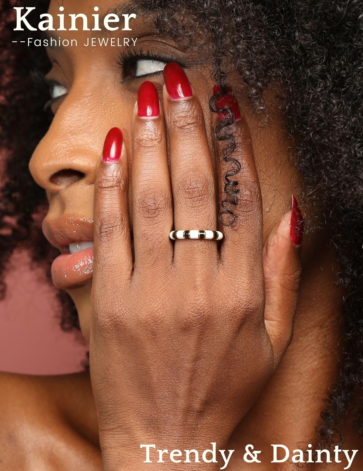 Kainier Chunky Gold Statement Rings for Women Enamel 14K Gold Silver Tone Cute Stripe Thumb Band Black and White Comfort Fit Size 5-10 - Image 2