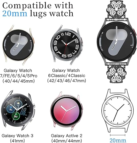 Miniatura 4 de Compatible con Samsung Galaxy Watch 4 de 0.787 in de 1.575 pulgadas, 1.732 pulgadas, correa de trébol de diamantes brillantes para mujer, bonita y