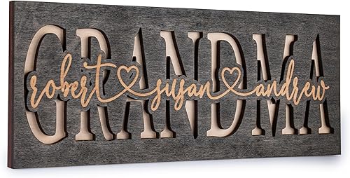 GRANDMA - Regalos para abuela, letrero personalizado en 3D con nombres, 4 colores de madera, 2 tamaños, decoración decorativa de pared de madera,