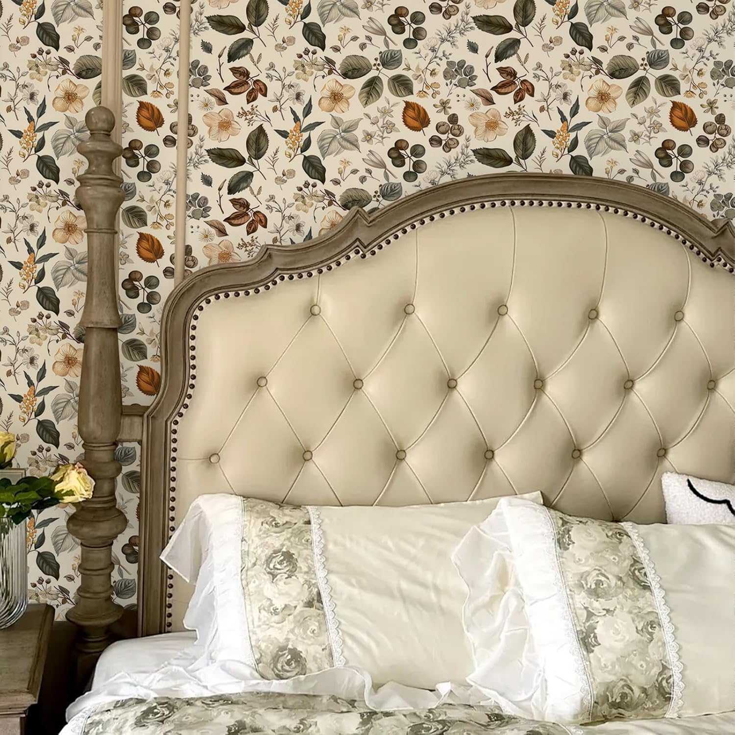 Vintage Botanical Leaf Wallpaper Peel and Stick Wallpaper Self Adhesive Removable Leaves and Flowers Contact Paper Nursery Bedroom Mural Wall Decorative 17.71"x118.1"