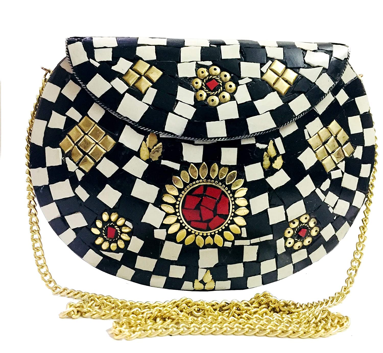 Bolso de metal de mosaico blanco y negro de estilo vintage para ella Bolso de noche étnico hecho a mano bolso de las mujeres (negro)