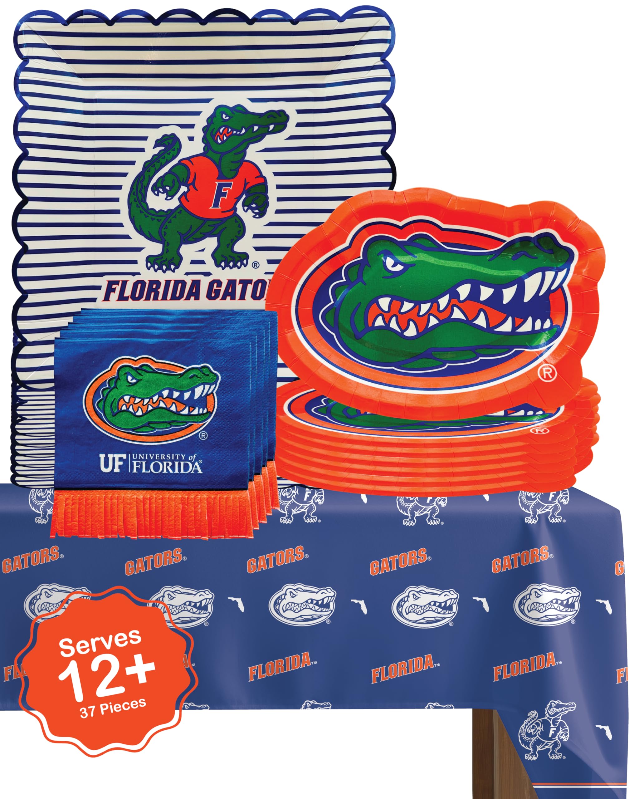 Florida Gators party supplies with UF tablecloth plates and napkins (37 piece set) for graduation, football tailgating, and birthday party decorations