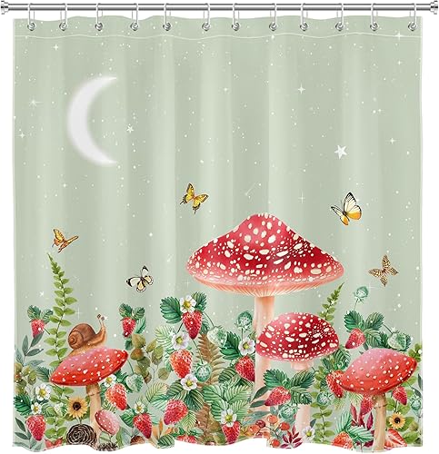 Miniatura 4 de Cortina de ducha con diseño de hongos y rana, planta verde salvia y mariposa de fresa sobre verde, cortina de ducha con ganchos, juego de cortinas