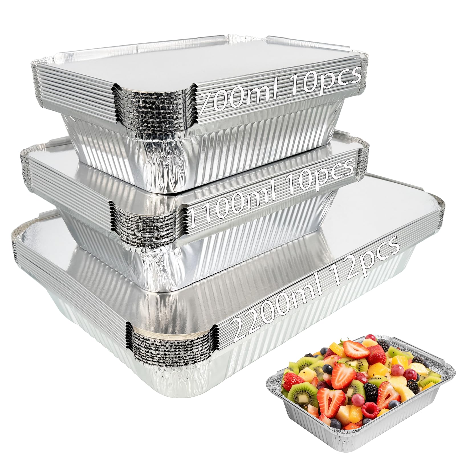 Barquette Aluminium 32 Pièces - 2200ml/1100ml/700ml Avec Couvercle - Pour Barbecue, Cuisiner, Griller, Cuire, Rôtir