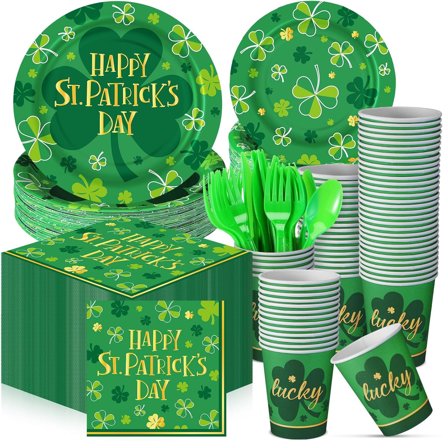 210 Pcs Happy St Patrick's Day Party Supplies Plates Napkins Cups Irish Shamrock Party Disposable Paper Dinner Dessert Plates Shamrock Napkins Beverage Green Cups Plastic Fork Set (Lucky)