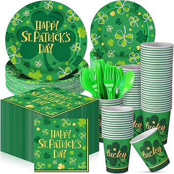 210 Pcs Happy St Patricks Day Party Supplies Plates Napkins Cups Irish Shamrock Party Disposable Paper Dinner Dessert Plates Shamrock Napkins Beverage Green Cups Plastic Fork Set Lucky