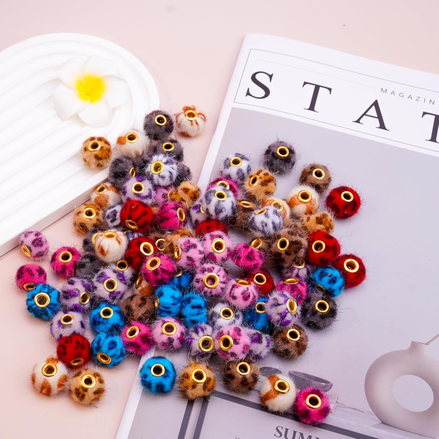 Beads for Pen 90PCS Mixed Color Soft Leopard Beads Faux Fur Poms Spacer Bulk for DIY Jewelry Key Chain Handicrafts Pens Craft Accessories(Leopard - Image 3