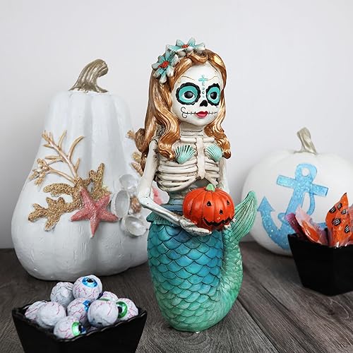 Miniatura 3 de Needzo Decoración de esqueleto de sirena de Halloween, decoración de Día de los Muertos, figura de resina espeluznante, 10 pulgadas