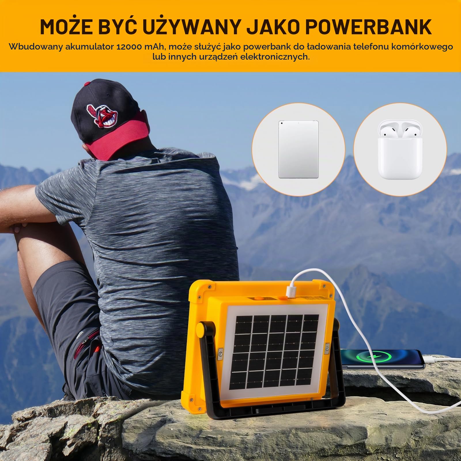 Akumulator 100W Reflektor Led - Akumulator LED Reflektor z Panelem Słonecznym - Przenośne światło robocze 12000 mAh 4 tryby światła Idealne na kemping, wędkarstwo w nagłych wypadkach, garażu