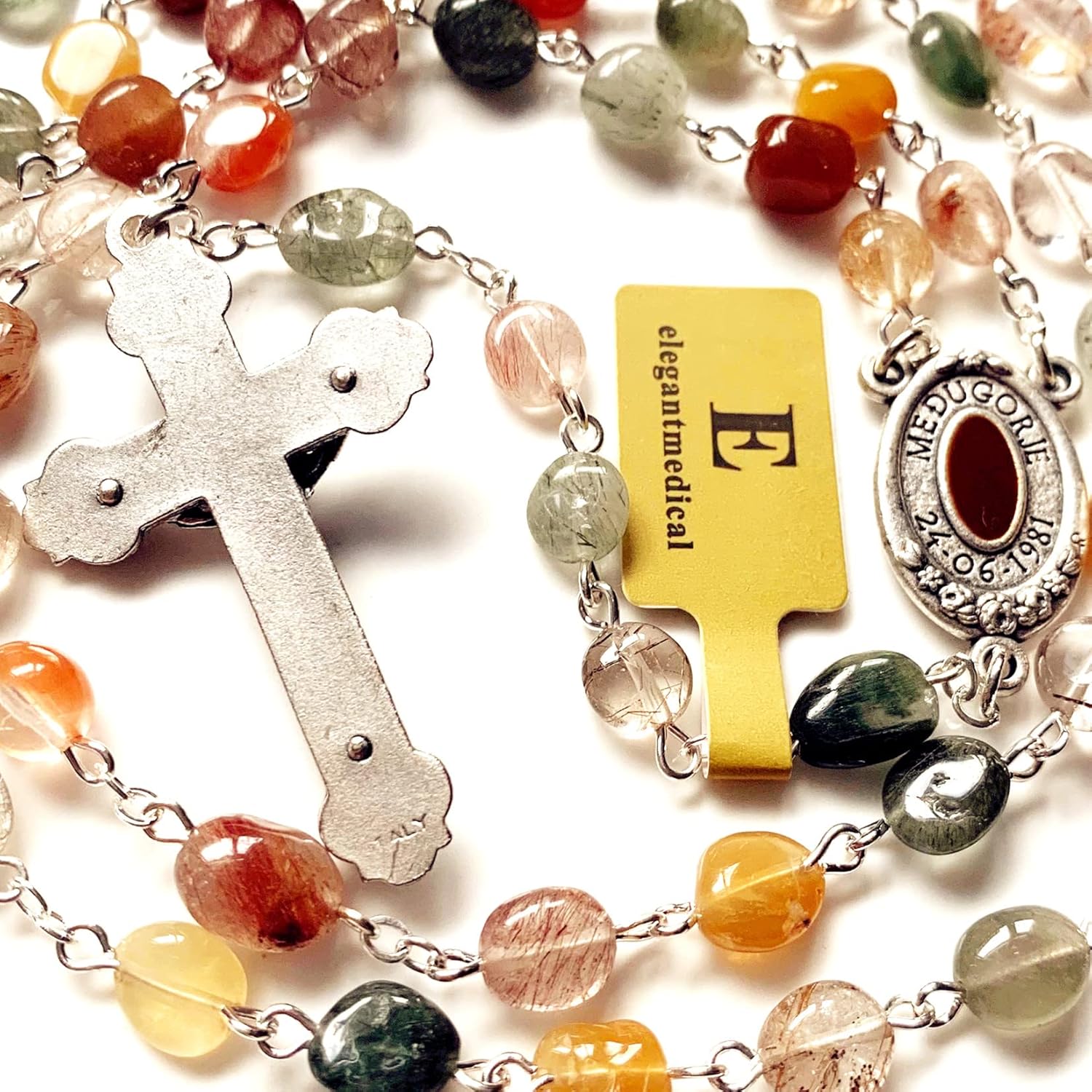 elegantmedical Handmade Natural Quartz Rutilated Beads Rosary Cross Catholic Necklace Gift Box - Image 7