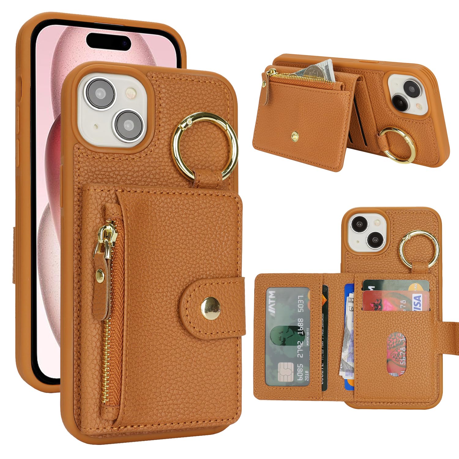 SailorTech ケース iPhone 15 背面ケース翻盖型 キーホルダーリング付きクレジットカード入れ 女性用, アイフォン15 手帳ケースライチ紋様 横置き機能 背面収納ケース iPhone15 ケース 財布型 6.1in-ブラウン