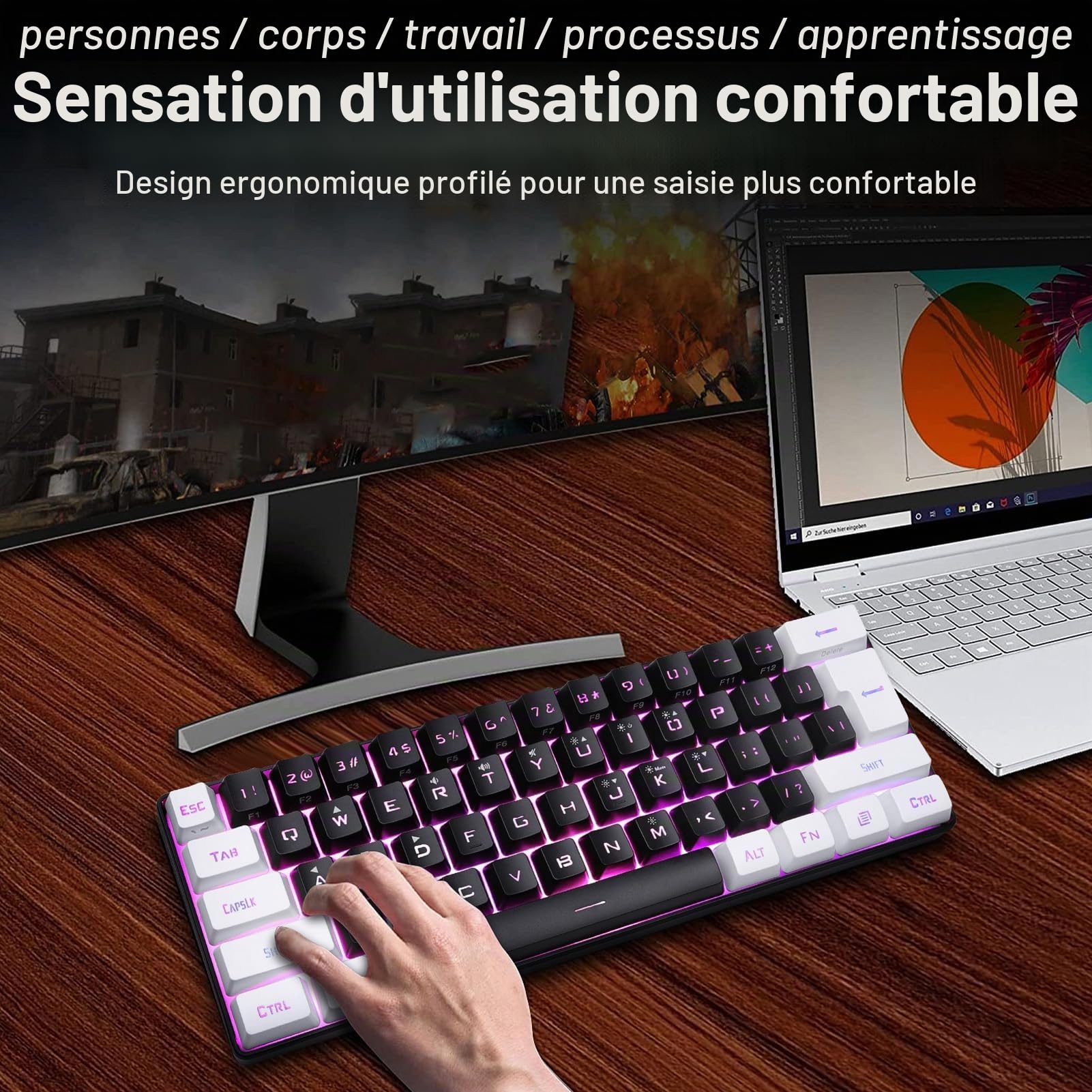 XUMIUZIY Clavier de Jeu Filaire à 60%, Mini Clavier de Jeu à Sensation Mécanique, Clavier Ultra Compact à 61 Touches Rétroéclairées RVB, Clavier Ergonomique pour Portable/PC/Gamer (Noir)
