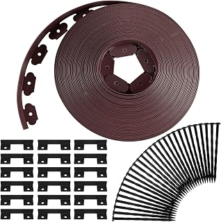 Queekay 148ft No-Dig Plastic Landscape Edging Kit with 70 Spikes & 20 Connectors - Brown 2-Inch Garden Lawn Yard Border