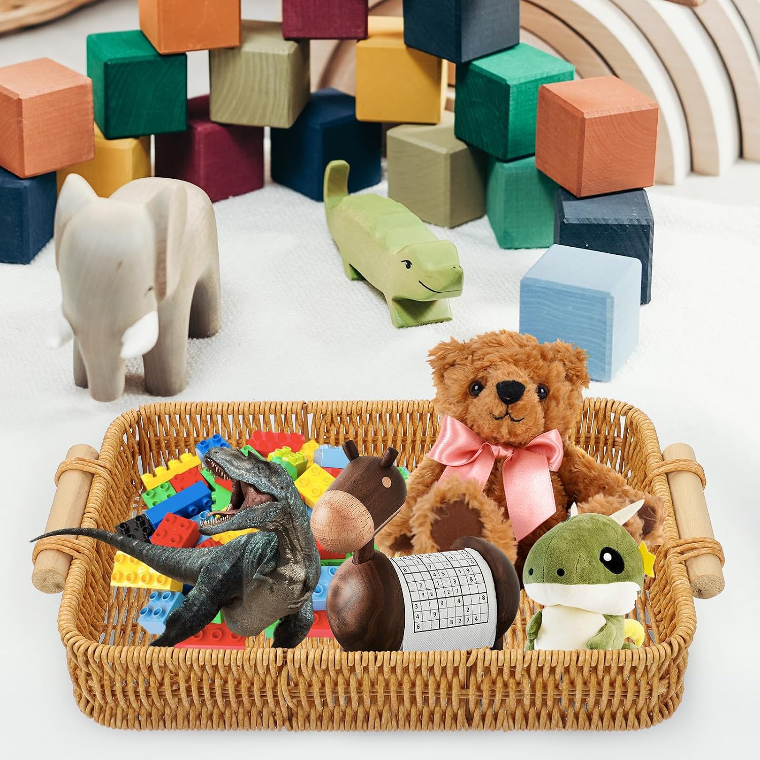 Hand Woven Rattan Storage Basket with Handles Small Size 30x20x5.5cm Rustic Bread and Fruit Basket for Kitchen Countertop Organization and Food Serving