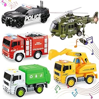 5 Pack Friction Powered Truck Toy Set(8 Inch) Including Garbage Truck, Construction Truck, Fire Truck, Police Car, Helicopter, All with 4D Stunning Light and Sound, Vehicles Toys for Boy Toddler Kid