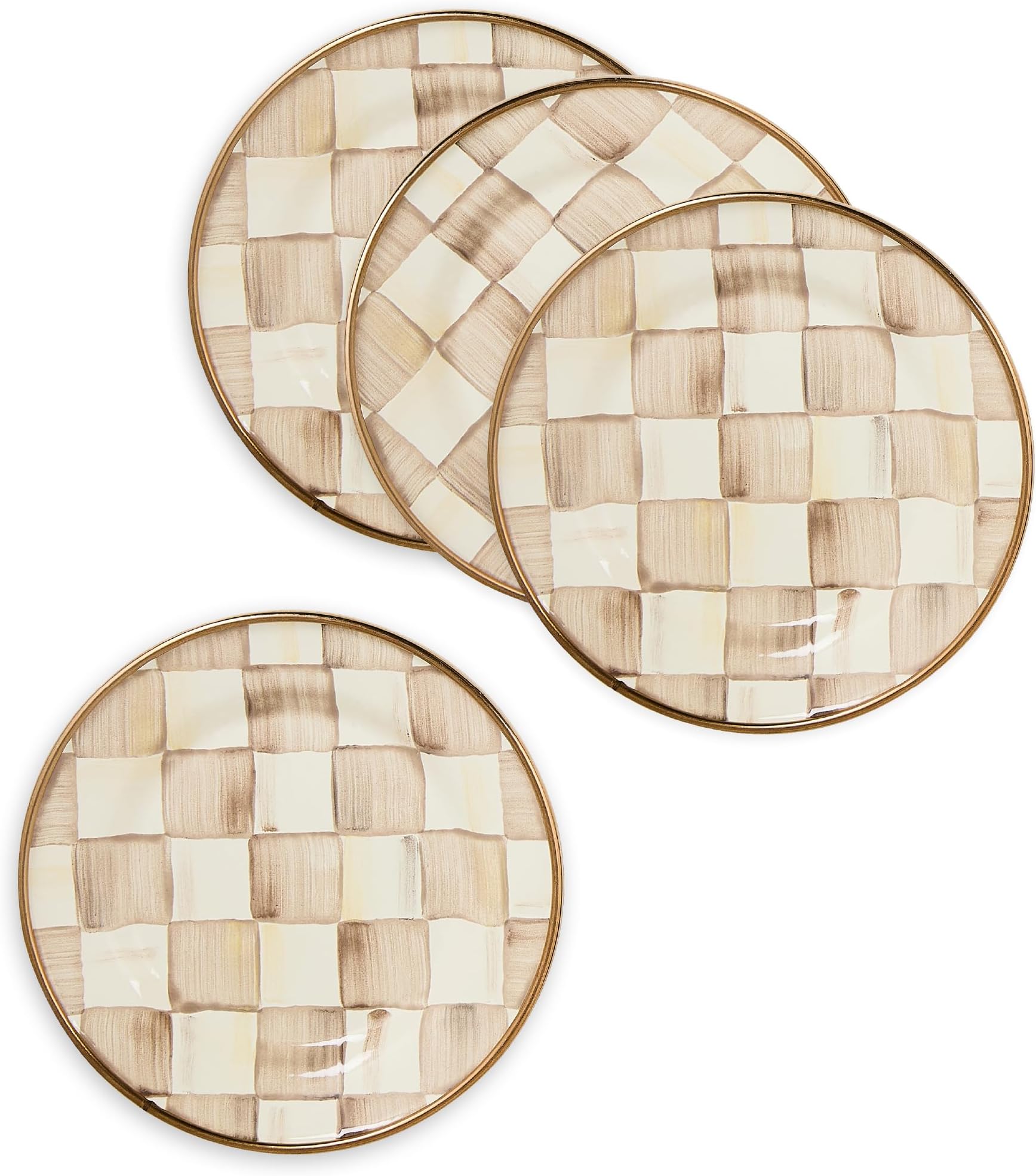MACKENZIE-CHILDS Set of 4 Enamel Appetizer Plates, Decorative Dinnerware Plate, 5 Inches, Brown-and-White Mocha Check