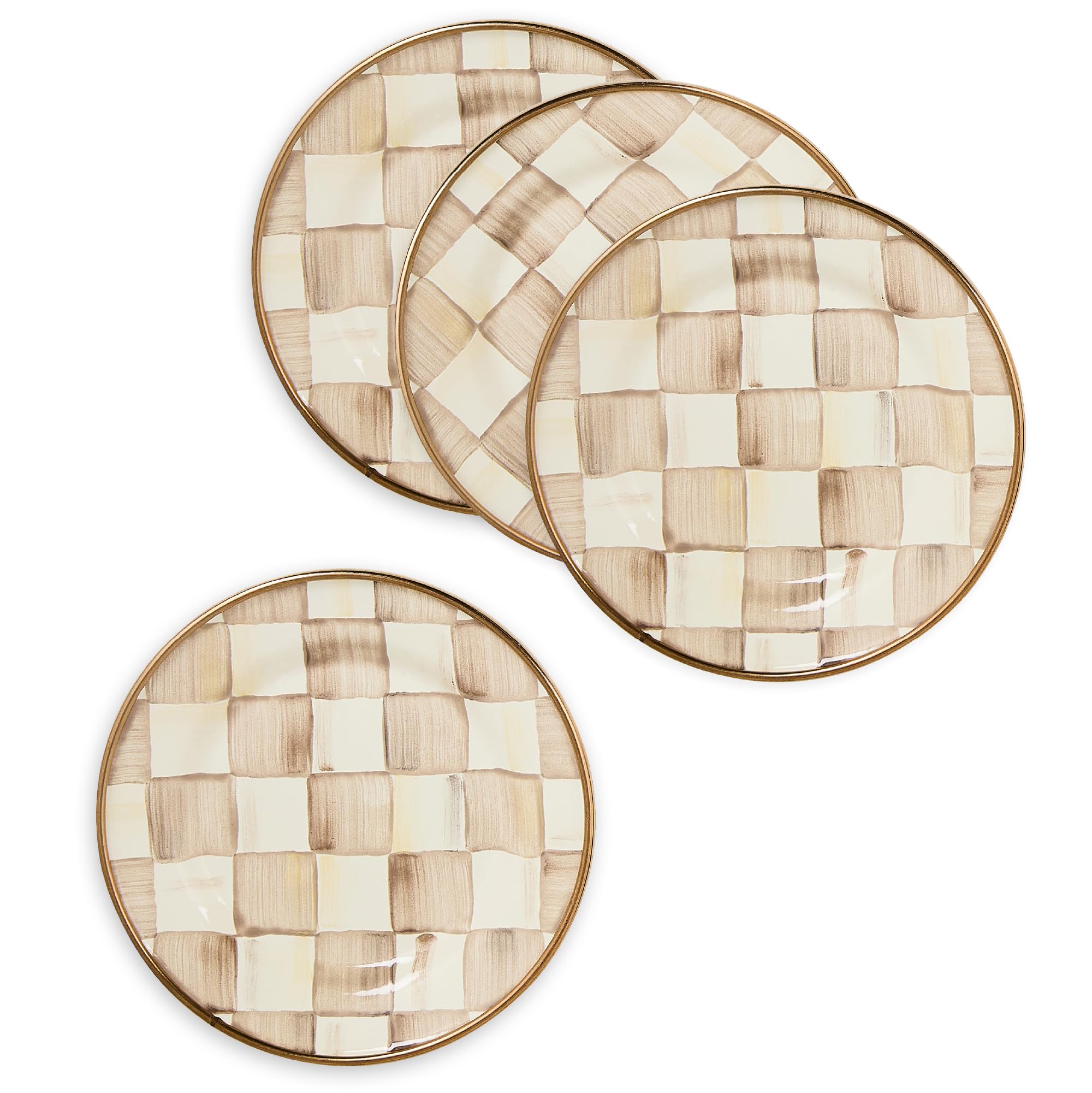 MACKENZIE-CHILDS Set of 4 Enamel Appetizer Plates, Decorative Dinnerware Plate, 5 Inches, Brown-and-White Mocha Check