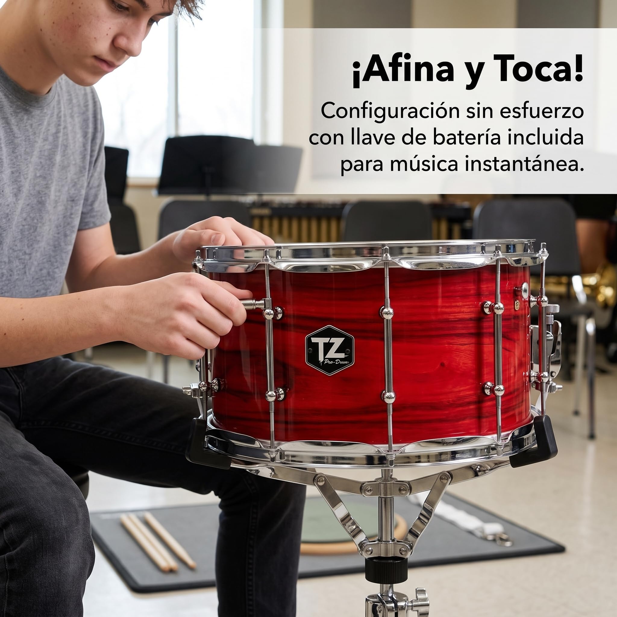 Tambor Caja Arce con Acabado Roja para Percusión, Incluye Baquetas y Llave Tambor