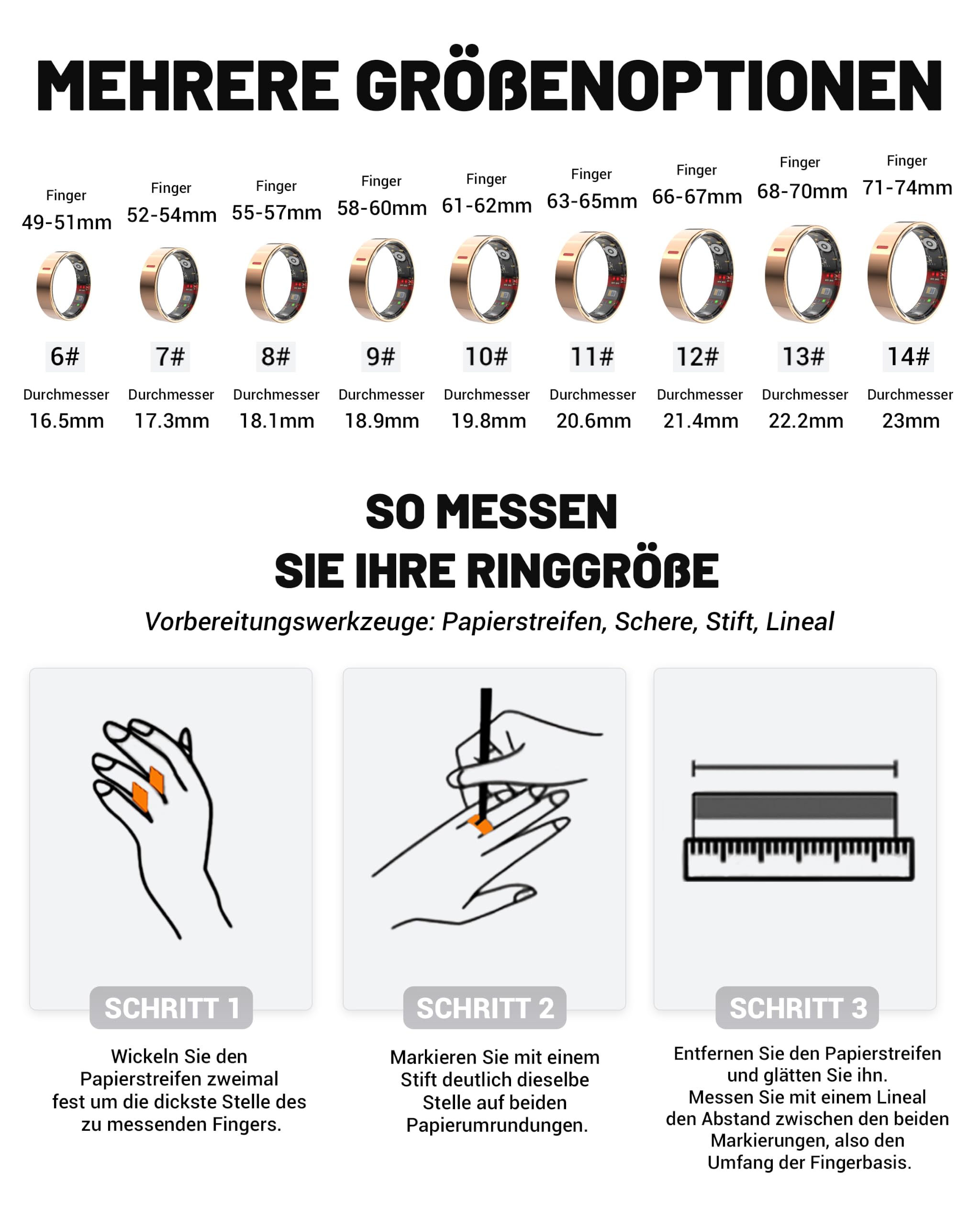Smart-Ring mit Ladehülle, Fitness-Ring, Gesundheitsmonitor Schlaf-Herzfrequenz- & Blutsauerstoffmonitor 5ATM+IP68 wasserdicht Ohne Abo 4-7 Tage Akkulaufzeit iOS & Android kompatibel für Männer Frauen