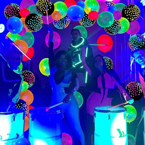 Miniatura 6 de Paquete de 109 globos de neón UV, iluminados, brillan en la oscuridad, reactivos a la luz negra, globos de látex fluorescentes de lunares,
