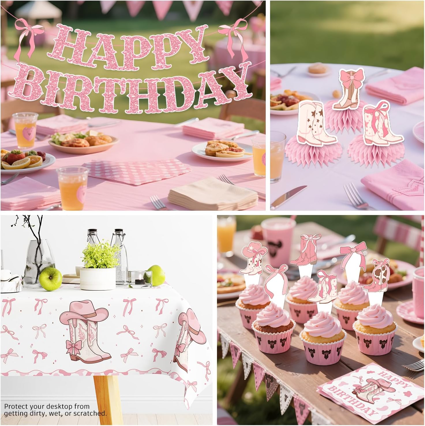 Xynic 213pcs Boots and Bows Party Decorations, Convenient Paper Tableware Set Includes 50pcs 350gsm Plates 24pcs Cupcake Toppers and 2 Pcs Tablecloths, Cowgirl Birthday Party Decorations for Girl - Image 2