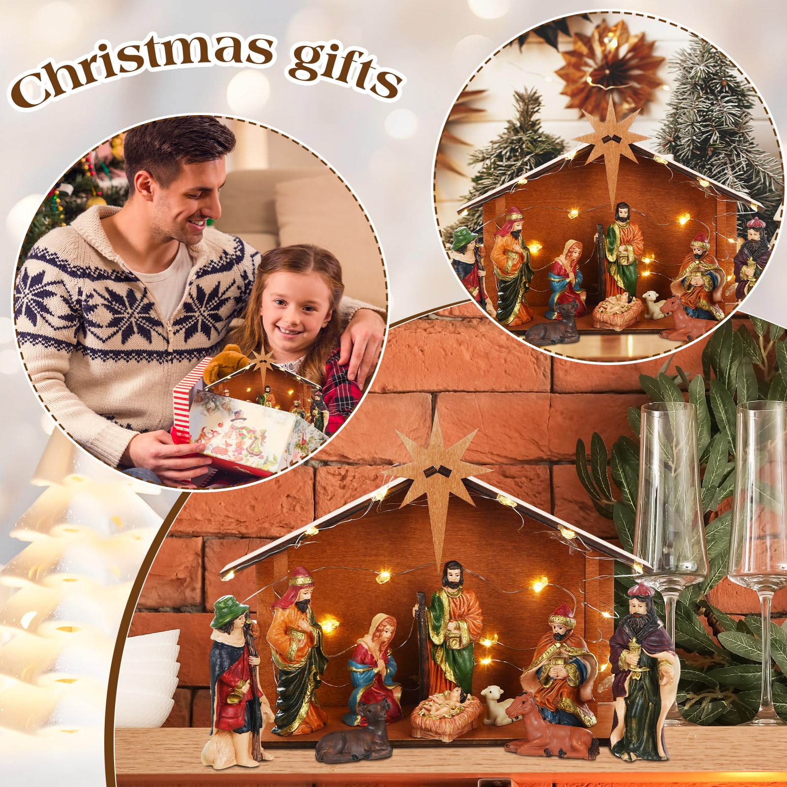 Geelin Set di 13 statuette di Gesù per presepe di Natale, con casa in legno di rafia, luce a LED, resina, artigianato di Gesù della Sacra Famiglia, Scena della mangiatoia, per casa, scrivania