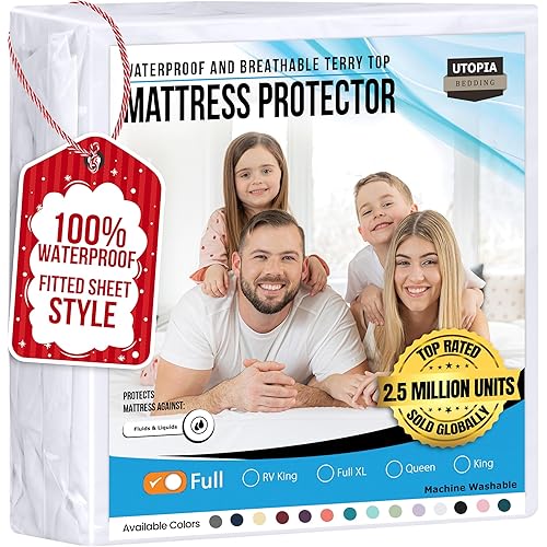 Utopia Bedding Waterproof Mattress Protector Full Size, Premium 200 GSM Terry Mattress Cover, Soft & Breathable Bed Cover, Fitted Sheet Style with Stretchable Deep Pockets 15" (White)