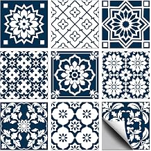 36 Pcs 9 Style Blue Floral Patten Tile Sticker Wall Tile Stickers Geometric Retro Ceramic Waterproof Self Adhesive Stick on Decals for Kitchen Bathroom Wall Art 44 Inch