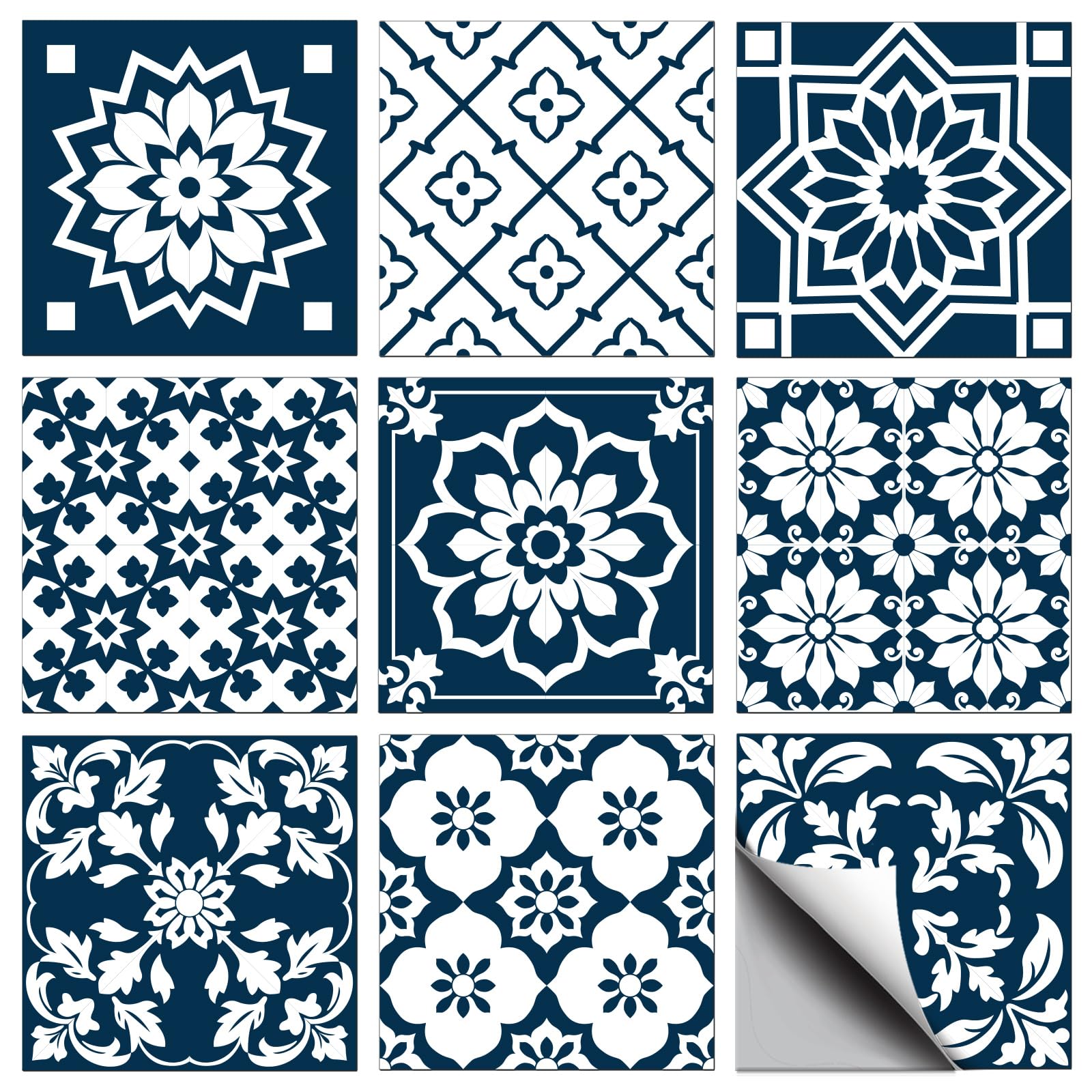 CONCHLERY 36 Pcs 9 Styles Blue Floral Patten Tile Sticker Wall Tile Stickers Geometric Retro Ceramic Waterproof Self Adhesive Stick on Decals for Kitchen Bathroom Wall Art 4×4 Inch