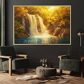 滝の風景 油彩画 金色フレーム 滝の風景 油彩画 金色フレーム 油彩画 滝の風景 金色フレーム