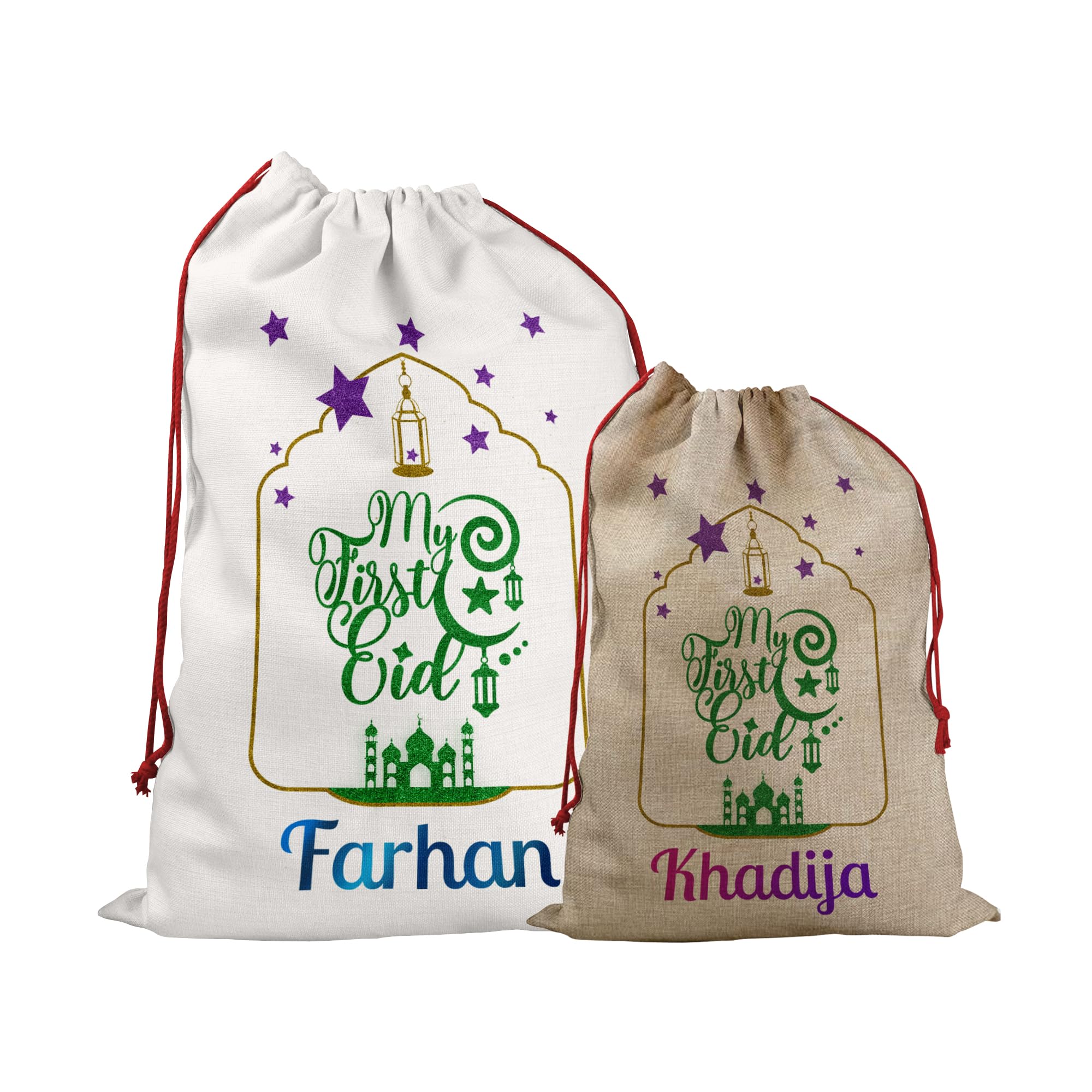 Print Maniacs Personalised My 1st Eid Mubarak Gift Bag Ramadan Theme Celebrations Secret Present Drawstring Sack Boys Girls Childrens Treats Candy Goodie Bags for Kids Any Name Party Favours (1st Eid)