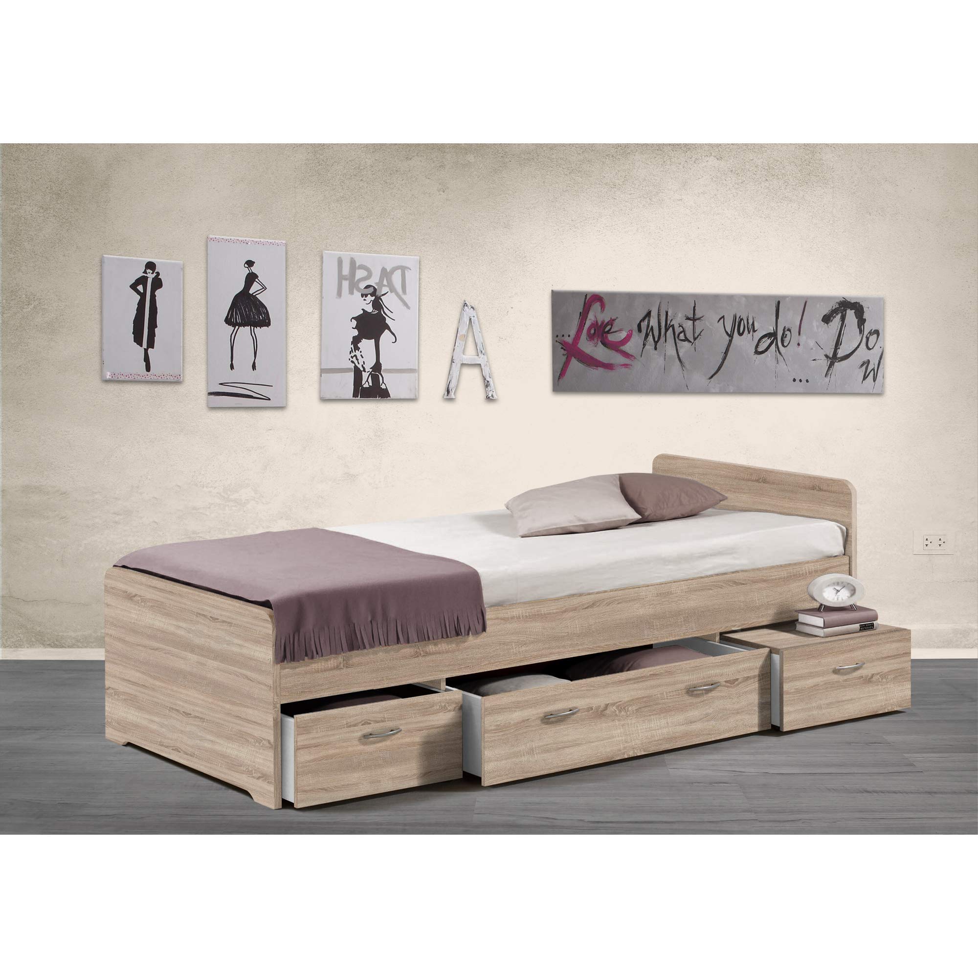 Stella Trading, BORO Letto una piazza con contenitore 90 x 200 cm, letto singolo con 3 cassetti in Rovere Sonoma, 95 x 66 x 204 cm