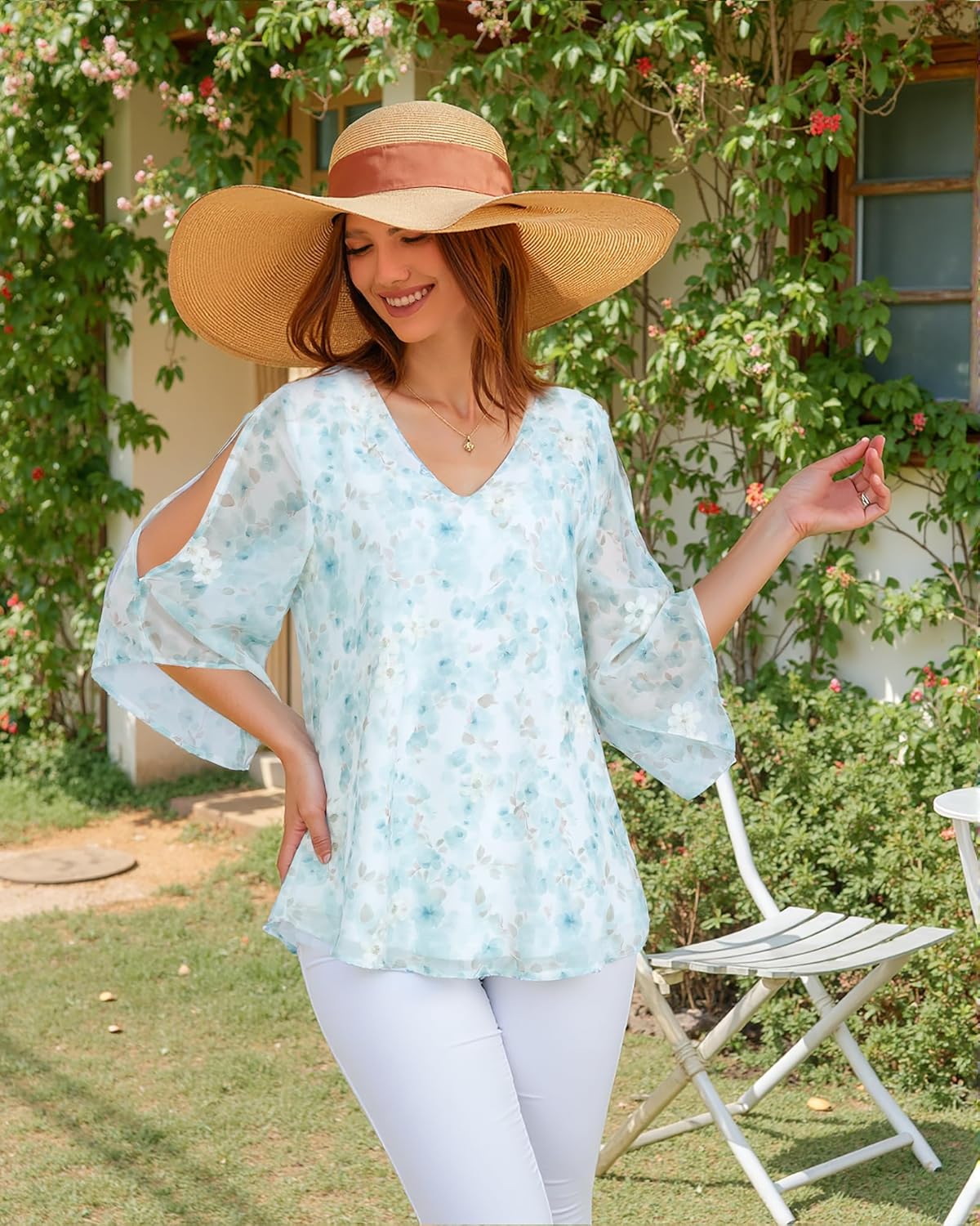 Bebonnie Womens Ruffle 3/4 Sleeve V Neck Double Layers Chiffon Blouses Dressy Tops - Image 3