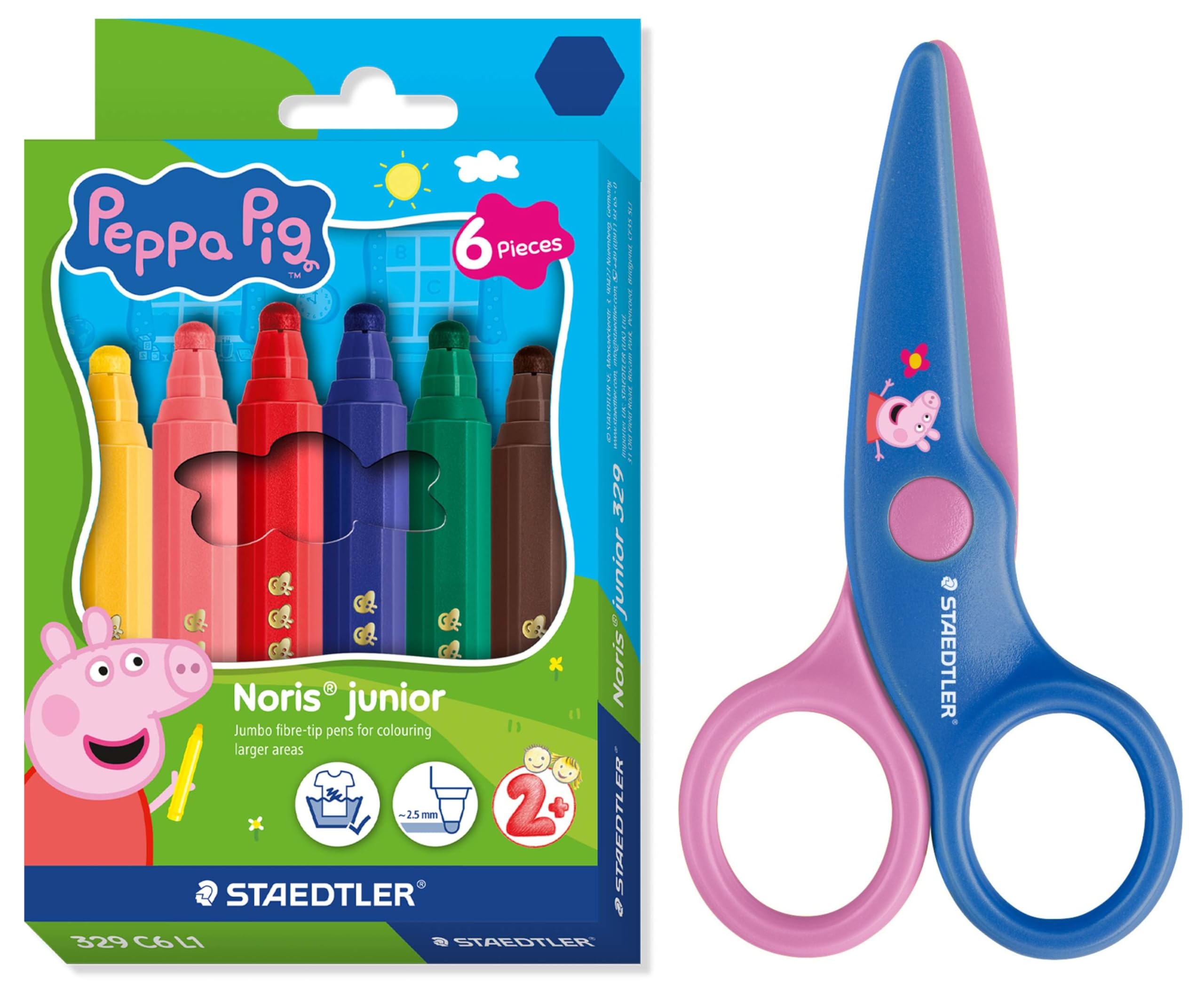 STAEDTLER Noris Junior Peppa Pig Set of 6 Fibre Tip Pens and Children's Scissors with Rounded Tips for First Craft Exercises