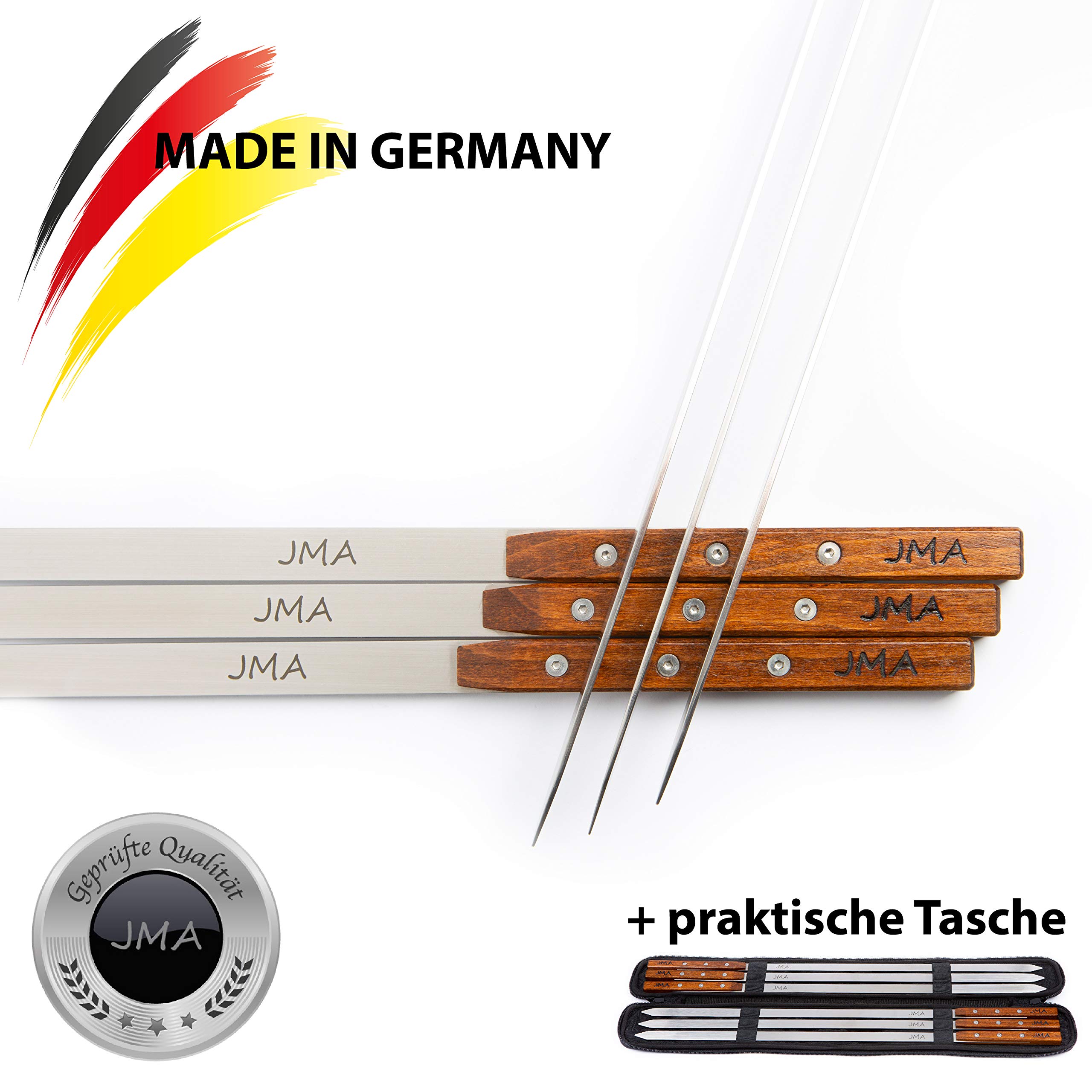 JMA® Spiedini da barbecue Noble (6 pezzi) in acciaio inox - ideale per l'uomo - Spiedini extra lunghi per il barbecue (53 cm) - Manico in legno di faggio - Fatto a mano in Germania