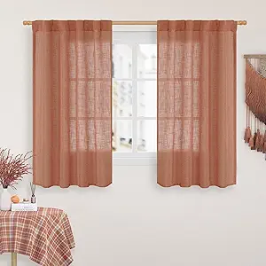 LAMIT 48 Inch Short Window Linen Curtains, Light Filtering Panels Back Tab and Rod Pocket Neutral Drapes for Cafe/Bathroom/Loft Room, Terracotta, 2 Panels, 34 x 48 Inch