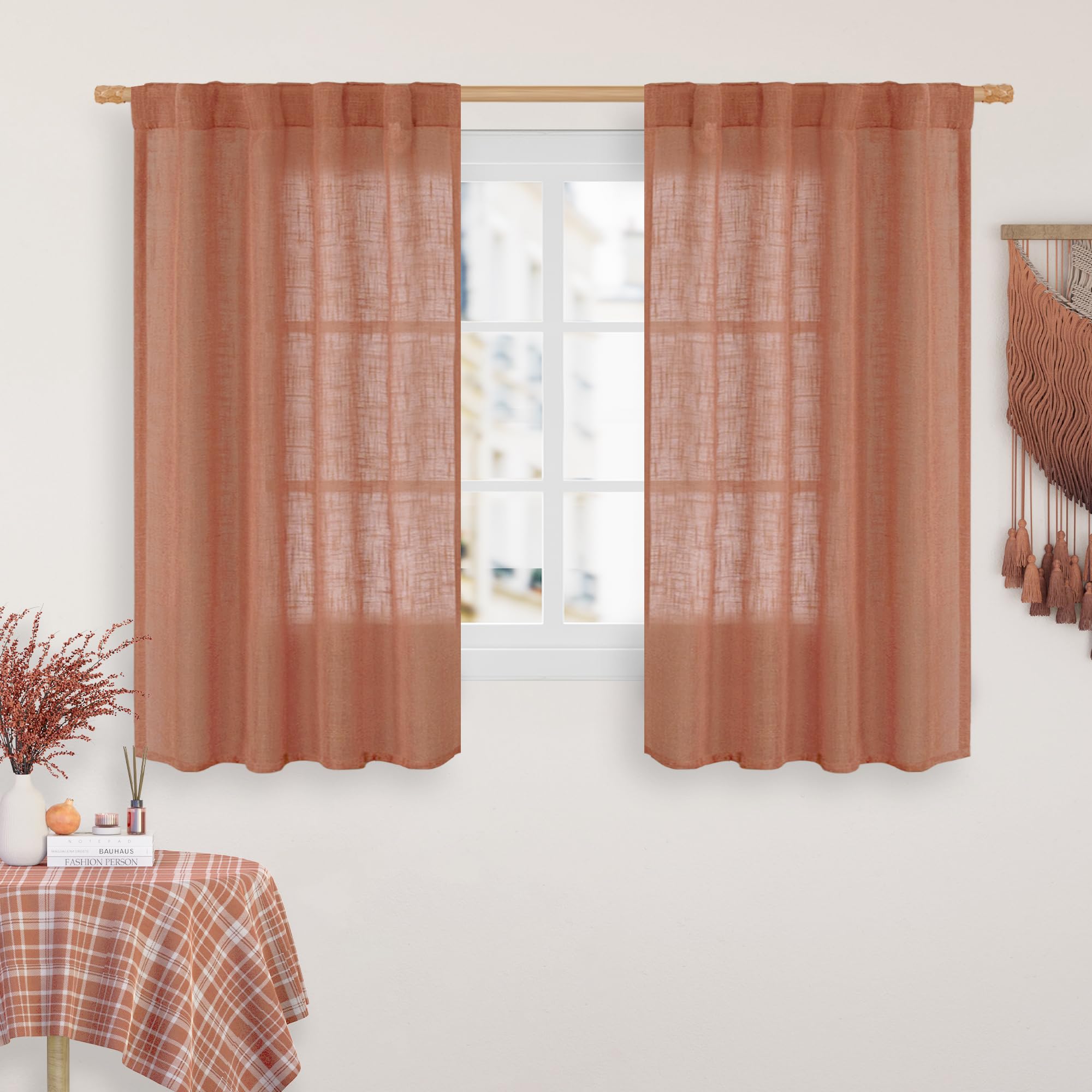 LAMIT 48 Inch Short Window Linen Curtains, Light Filtering Panels Back Tab and Rod Pocket Neutral Drapes for Cafe/Bathroom/Loft Room, Terracotta, 2