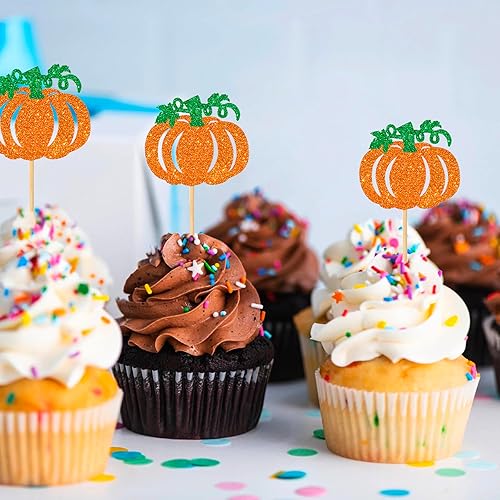 Miniatura 3 de Rsstarxi Paquete de 24 adornos de calabaza para cupcakes con purpurina para baby shower, cumpleaños, decoración para calabaza, otoño, Acción de