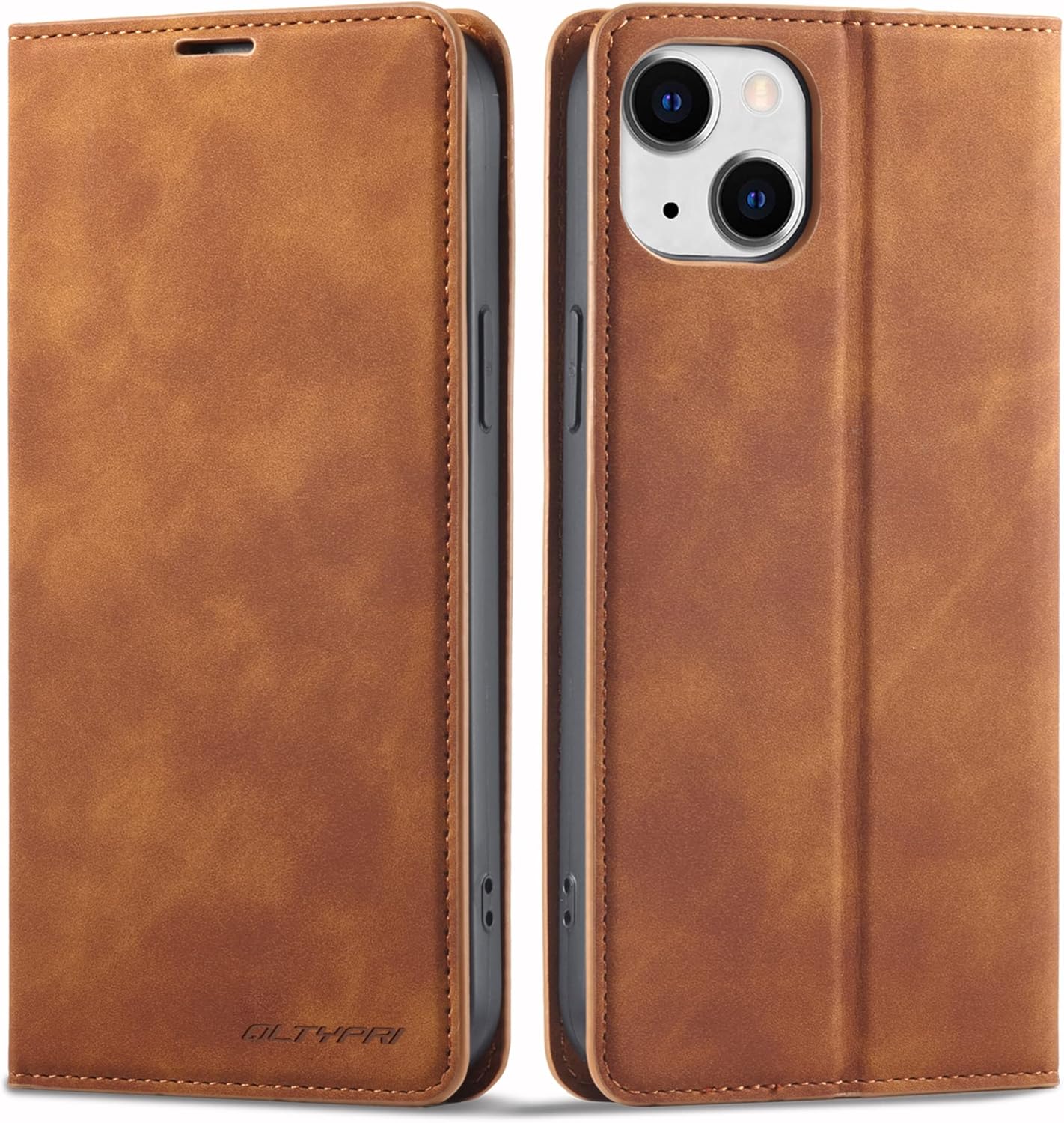 QLTYPRI Case for iPhone 15, Premium PU Leather Cover TPU Bumper with Card Holder Kickstand Hidden Magnetic Adsorption Shockproof Flip Wallet Case for iPhone 15 - Brown