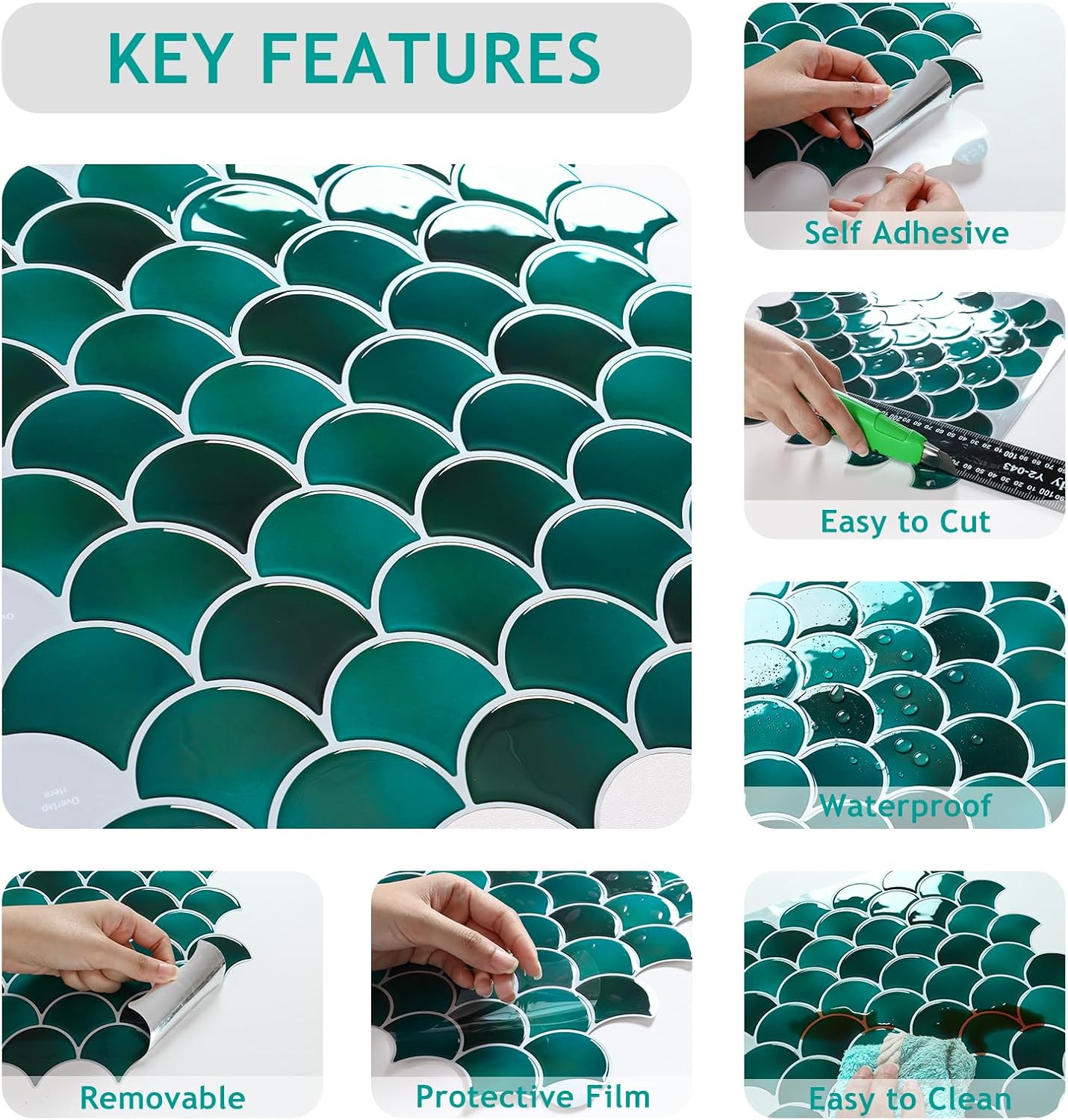VEELIKE Emerald Green Fish Scale Peel and Stick Backsplash for Kitchen 6 Sheets Backsplash Tiles Peel and Stick Waterproof Self Adhesive Green Marble Back Splash Tile for Kitchen Bathroom 12''x12''